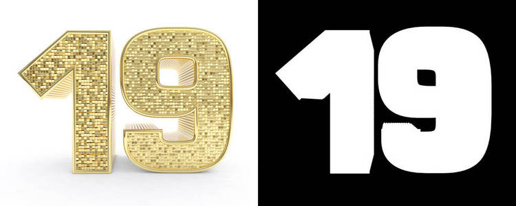 数字十九金色数字十九 数字 19 在白色背景与下落阴影和 alpha 通道.