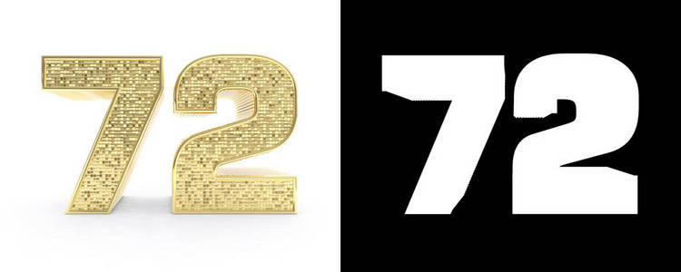 金色数字七十二 数字 72 在白色背景与下落阴影和 alpha 通道.
