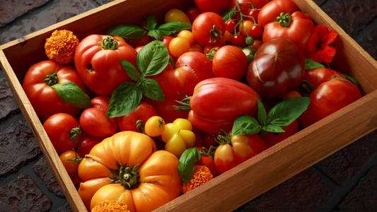 新鲜采摘的传家宝西红柿收获 梨形, 牛肉心, tigerella, 烈酒, 樱桃, 黑色。在木箱里
