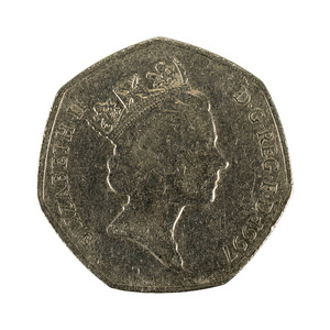 五十便士五十英国便士硬币 (1997) 被隔绝在白色背景上照片