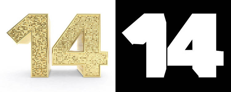 金色数字十四 数字 14 在白色背景与下落阴影和 alpha 通道.