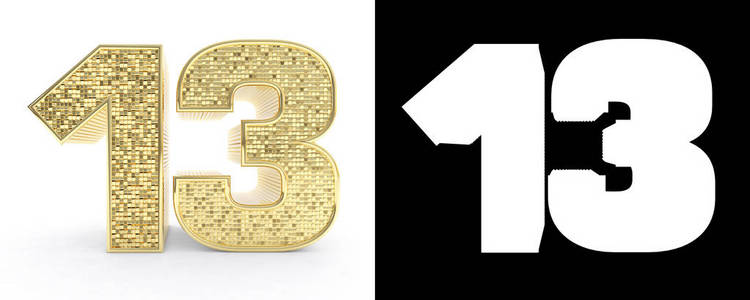 金色数字十三 (数字 13) 在白色背景与下落阴影和 alpha 通道.