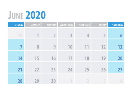 六月。日历规划2020在干净的最小表简单样式。向量例证