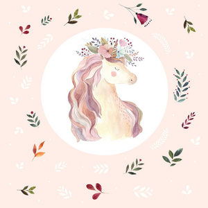 神奇的独角兽与花白色背景在淡粉红色的框架与树叶, 矢量插图
