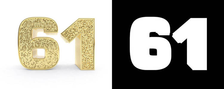 金色数字六十一 (数字 61) 在白色背景与下落阴影和 alpha 通道.