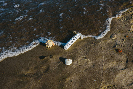 夏天概念用骰子与信件在海滩的湿的沙子和海洋动机做了