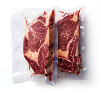 牛肉牛排真空密封准备在白色背景下烹饪隔离, 顶部视图照片