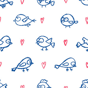 可爱的小手画的鸟和心无缝图案。卡通矢量背景。白色的蓝色和红色轮廓图