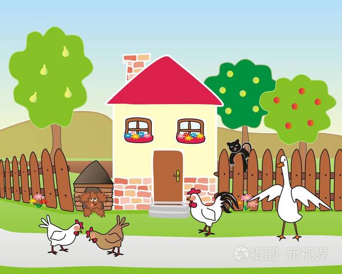 农场动物的房子和花园向量例证