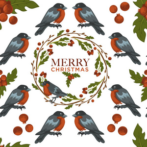 圣诞快乐海报与问候文字和布尔芬奇鸟