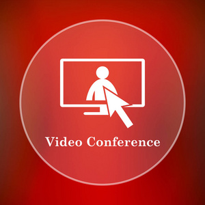视频会议, 在线会议图标。红色背景上的互联网按钮