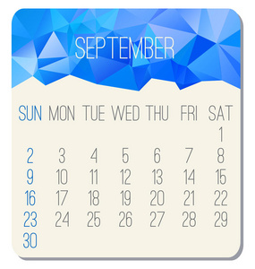 9月年2018矢量历。星期从星期日开始。当代低聚蓝色设计