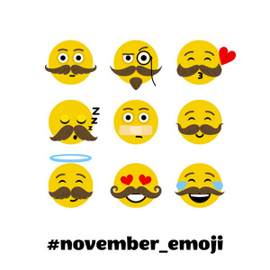 矢量插图, 一套 emoji 表情胡子和胡子。11月男士健康意识月 emoji 表情
