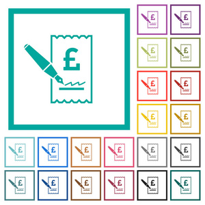 签署英镑支票平面彩色图标与象限框架在白色背景下