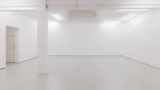 一个空房间或艺术画廊的白色彩绘内部的看法, 有荧光灯和混凝土地板