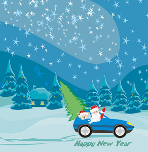抽象卡圣诞老人驾驶汽车