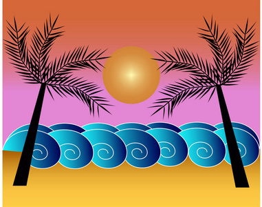 日落背景下的棕榈海景