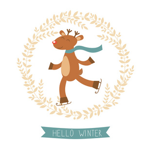 与可爱的鹿男孩滑冰你好冬天卡