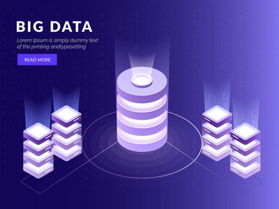 四本地服务器与数据库连接在闪亮的蓝色背景等距设计大数据存储概念