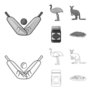 板球鸸鹋鸵鸟袋鼠流行食物的游戏。澳大利亚集合图标的轮廓, 单色风格矢量符号股票插画网站