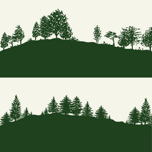 绿色森林树剪影背景向量例证。树木覆盖的丘陵水平抽象横幅