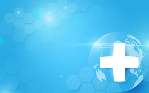 医学和科学与全球性。基于蓝色背景的数字高科技六边形