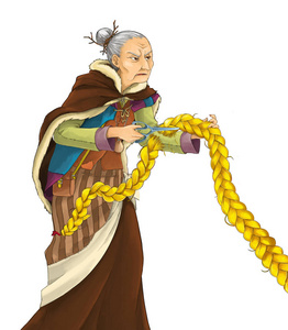 卡通童话人物老巫婆站立和看例证为孩子照片