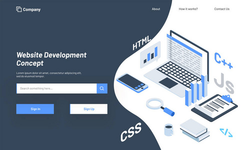具有不同编程语言响应 web 模板设计的桌面的等距插图网站开发概念