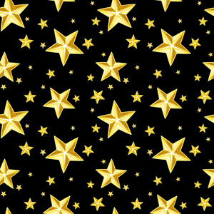 与金色星星在黑色的无缝模式。矢量图