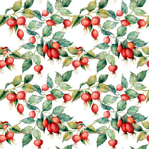 水彩大无缝图案与树枝的狗玫瑰, 红浆果和绿叶。手绘的荆棘和臀部被隔离在蓝色背景。设计织物印刷或背景插图