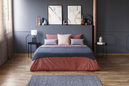 灰色毯子在粉红色床反对墙壁与海报在现代卧室内部