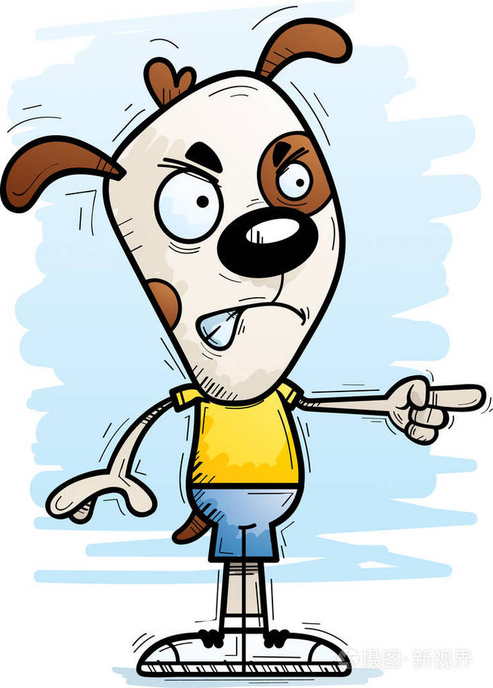 一只狗看着愤怒和指向的卡通插图