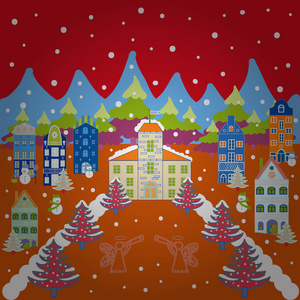 圣诞插图橙色, 红色和蓝色的颜色。插图插图。新年快乐。圣诞贺卡与房子