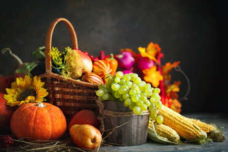 感恩节快乐的背景, 木桌上点缀着南瓜玉米水果和秋叶。丰收节。选择性对焦。水平
