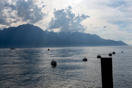 从瑞士蒙特勒看湖滨日内瓦湖的景色