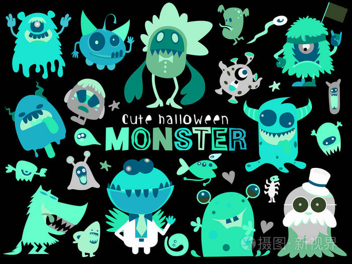 可爱的恐怖万圣节怪兽和糖果, 矢量插图的涂鸦可爱的怪物