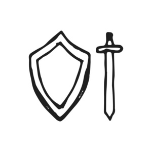 剑和盾牌图标黑色在白色背景向量