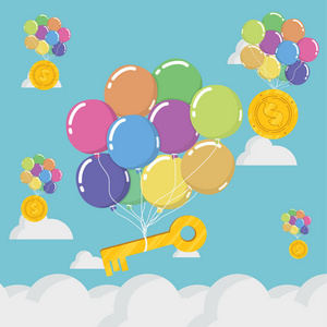商业气球的概念和钥匙在蓝天向量例证