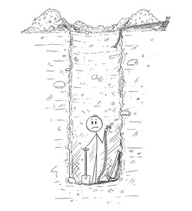 被困在深孔或水中的人卡通他在地上挖洞照片