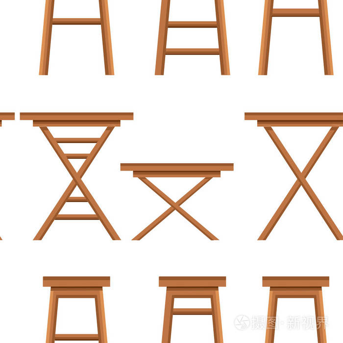 无缝的模式。一组酒吧椅。木赭石收藏。复古酒吧或咖啡厅凳子。白色背景的平面向量例证