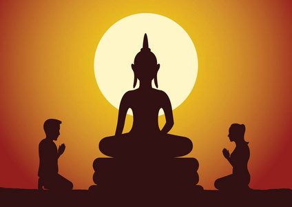 信仰信念佛教妇女和男子尊重佛像雕塑礼貌的信念和信仰, 剪影风格矢量