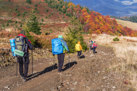 一群游客在山上徒步旅行。