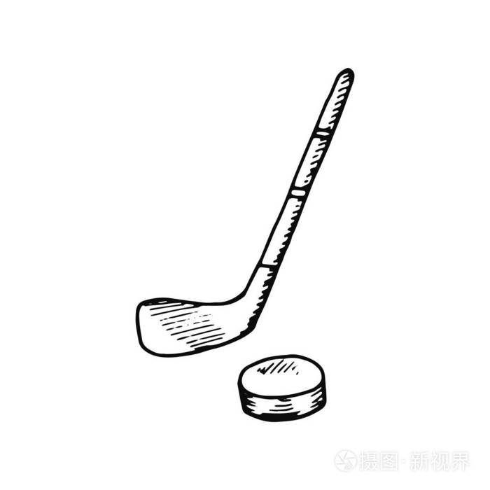 插画 曲棍球棒和冰球图标.草绘独立对象.eps