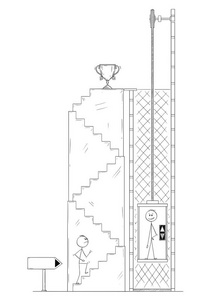漫画的人或商人走上楼为优胜者奖杯, 而竞争对手是使用电梯或升降机
