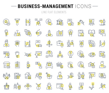 一套矢量线图标和标志与黄色广场的商业管理, 为优秀的概念。图表徽标和象形图的集合