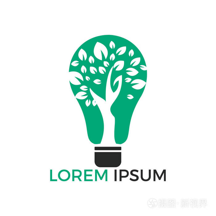 抽象灯泡灯与树标志设计自然理念创新的象征生态增长发展理念