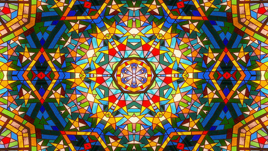 彩色闪亮催眠概念对称图案观赏装饰万花筒运动几何圈与星形照片