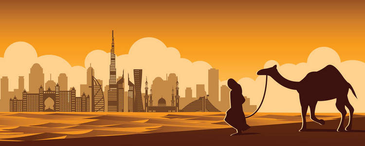 人和骆驼走在沙漠附近迪拜著名的地标, 复古的颜色