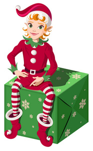 精灵助理圣诞老人坐在绿色圣诞礼盒礼物。查出的白色向量动画片例证