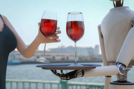 女人用机器人端酒3D渲染
